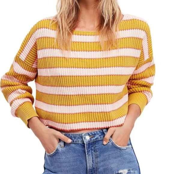 FREE PEOPLE YELLOW BEIGE JUST MY STRIPE CROPPED PULLOVER SWEATER L NWT - Picture 8 of 8